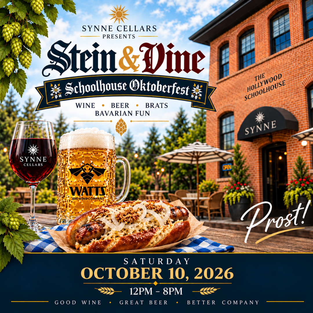 Oktoberfest at Synne Cellars on October 10, 2026. Beer by Watts Brewing Company, Wine by Synne Cellars.